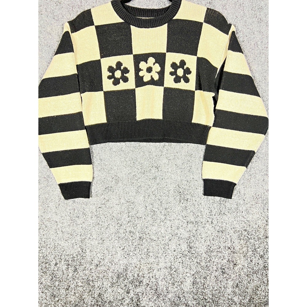 LE LIS S Black Beige Check Flower Knit Pullover Sweater Crew Neck Long Sleeve